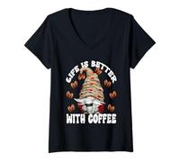 Femme Life is Better with Coffee Cup Graphic I Love Coffee GNOME T-Shirt avec Col en V