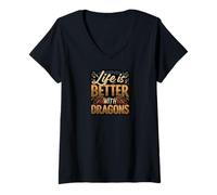 Femme Life is Better With Dragons Fantasy Quote T-Shirt avec Col en V