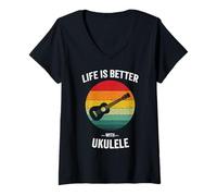Femme Life is Better with Ukulélé Hawaiian Ukelele Guitar Uke T-Shirt avec Col en V