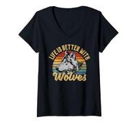 Femme Life is Better with Wolves Loup Cool Rétro Citation T-Shirt avec Col en V
