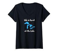 Femme Life is Great at The Lake Great Lakes Funny Design T-Shirt avec Col en V