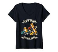 Femme Life is Short Race The Corgis Funny Go Kart Racing Lifestyle T-Shirt avec Col en V