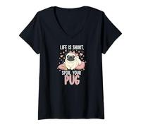 Femme Life is Short Spoil Your Pug Cute Dog Mom Princess Crown T-Shirt avec Col en V