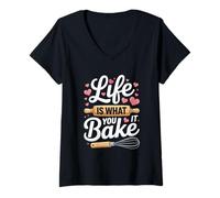 Femme Life is What You Bake It Fouet avec Citation T-Shirt avec Col en V