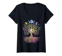 Femme Life Tree Phases of the Moon Style vintage années 80 90 T-Shirt avec Col en V