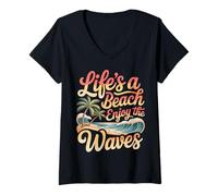 Femme Life's A Beach Enjoy The Waves Vacances d'été |- T-Shirt avec Col en V