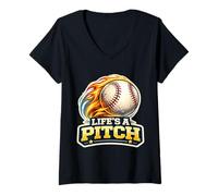Femme Life's A Pitch Jeu de Mots Amusant pour Joueur de Lanceur de Baseball T-Shirt avec Col en V