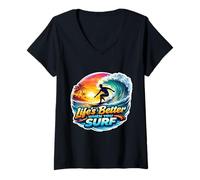 Femme Life's Better When You Surf Surfing Planche de Surf T-Shirt avec Col en V