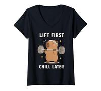 Femme Lift First Chill Later Cute Capybara Gym Workout Humour Art T-Shirt avec Col en V