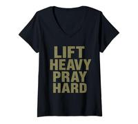 Femme Lift Heavy Pray Hard - Faith Meets Fitness T-Shirt avec Col en V