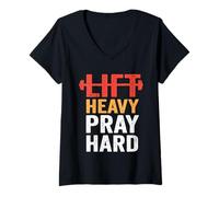 Femme Lift Heavy Pray Hard Gym Workout Christian Haltérophilie T-Shirt avec Col en V