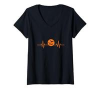 Femme Ligne EKG Moon with Bats Heartbeat T-Shirt avec Col en V