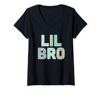 Femme Lil Bro Applique à Coudre Little Brother, Jeune frère et sœur T-Shirt avec Col en V