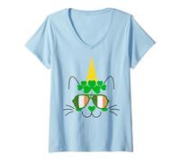 Femme Lil Miss Irish Caticorn Vert St Patrick Chat Licorne T-Shirt avec Col en V