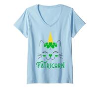 Femme Lil Miss Irish Caticorn Vert St Patrick Chat Licorne T-Shirt avec Col en V