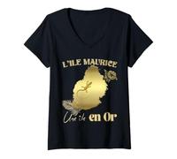 Femme L'île Maurice Une Île en Or Carte Effet Doré Cadeau T-Shirt avec Col en V