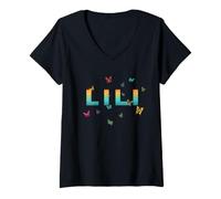 Femme Lili - Un Beau nom avec des Papillons. T-Shirt avec Col en V