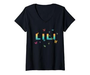 Femme Lili - Un Beau nom avec des Papillons. T-Shirt avec Col en V