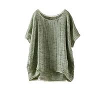 Femme Lin Printemps Eté Loose Elegant T-Shirt Short Sleeve Coton Linen Blouse Pure Colour Casual Short Front Hem Fashion Design Top Comfortable and Breathable Large Size