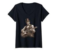 Femme Lincoln Jouant de la Guitare Histoire Drôle T-Shirt avec Col en V