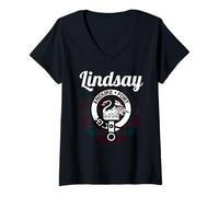 Femme Lindsay Clan Tartan avec Blason écossais T-Shirt avec Col en V