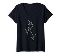 Femme Line Art Aesthetic Oneline Visage One-Line Fleurs Floral T-Shirt avec Col en V