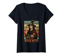 Femme L'infirmière sorcière, Design médical Fantastique et rétro T-Shirt avec Col en V