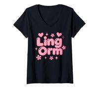 Femme LingOrm Lettre Bulle Mignon Kawaii Esthétique Typographie T-Shirt avec Col en V