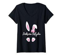 Femme Linksmu Velyku Happy Easter Lituanian Graphic Novelty T-Shirt avec Col en V