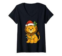Femme Lion Arbre de Noël Lumières Pyjama Filles Garçons Noël T-Shirt avec Col en V