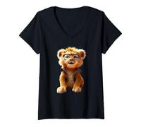 Femme Lion avec Lunettes de Soleil Animal J'aime Les Lions T-Shirt avec Col en V