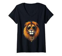 Femme Lion avec lunettes de soleil, cool drôle rebelle boss hip lion face T-Shirt avec Col en V