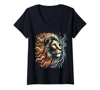 Femme Lion de Juda Jésus Le Messie Foi chrétienne T-Shirt avec Col en V