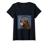 Femme Lion de mer Amusant pour Amoureux de la Musique Bubblegum Zoo Garçons Filles Enfants T-Shirt avec Col en V