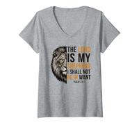 Femme Lion et psaume 23:1 Écriture de la Foi chrétienne Verse de la Bible T-Shirt avec Col en V