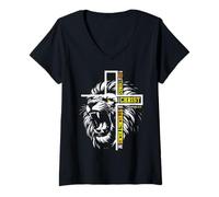Femme Lion Jésus Croix Dieu Bless I Can Do All Thing Through Christ T-Shirt avec Col en V