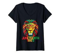Femme Lion Juneteenth 1865 Black History Drapeau afro-américain T-Shirt avec Col en V