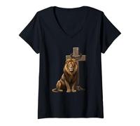 Femme Lion majestueux par Cross Crown and Thorns Faith T-Shirt avec Col en V