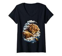 Femme Lion Mignon avec Neige Animal enneigé Saison Hiver esthétique T-Shirt avec Col en V