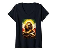 Femme Lion Persan | Shir Khorshid | Drapeau de l'Iran Perse Antique T-Shirt avec Col en V