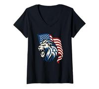 Femme Lion Rugissant avec Drapeaux des États-Unis et d'Israël - United Support T-Shirt avec Col en V