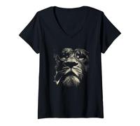 Femme Lion Sage avec Lunettes et Pipe Félin Art T-Shirt avec Col en V