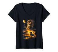 Femme Lion, Savane, Nuit, Lune, traînée céleste, Faune T-Shirt avec Col en V