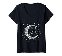 Femme Lion signe du zodiaque lune étoiles lion constellation T-Shirt avec Col en V