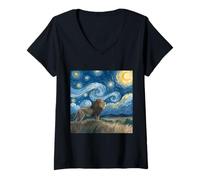 Femme Lion sous Le Ciel étoilé Van Gogh Celestial Swirls Art T-Shirt avec Col en V