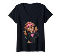 Femme Lionne élégante avec Signe de Paix rétro T-Shirt avec Col en V
