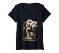 Femme Lionne protège Les Petits Lions - Amour Maternel T-Shirt avec Col en V