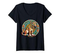 Femme Lions aztèques et lions aztèques autochtones mayas T-Shirt avec Col en V