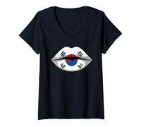 Femme Lips Korea Drapeau Coréen Corée T-Shirt avec Col en V