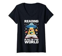 Femme Lire C’est Extraordinaire Lecture Espace UFO T-Shirt avec Col en V
